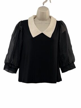 Friful Women’s Black Top with Cream Peter Pan Collar & Sheer Puff Sleeves Size M